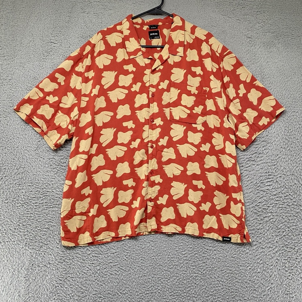 Prana Hemp Shirt Mens XL Orange Leaf Print Modal Relaxed Short Sleeve Button-Up